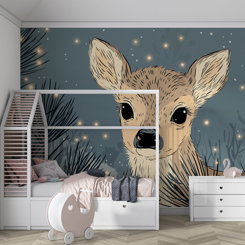 Forest animal mural wallpaper with twinkling lights in cozy kids room setting