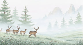 Detailed forest deer mural wallpaper design pattern showing misty woodland scene by Kids-Mundo