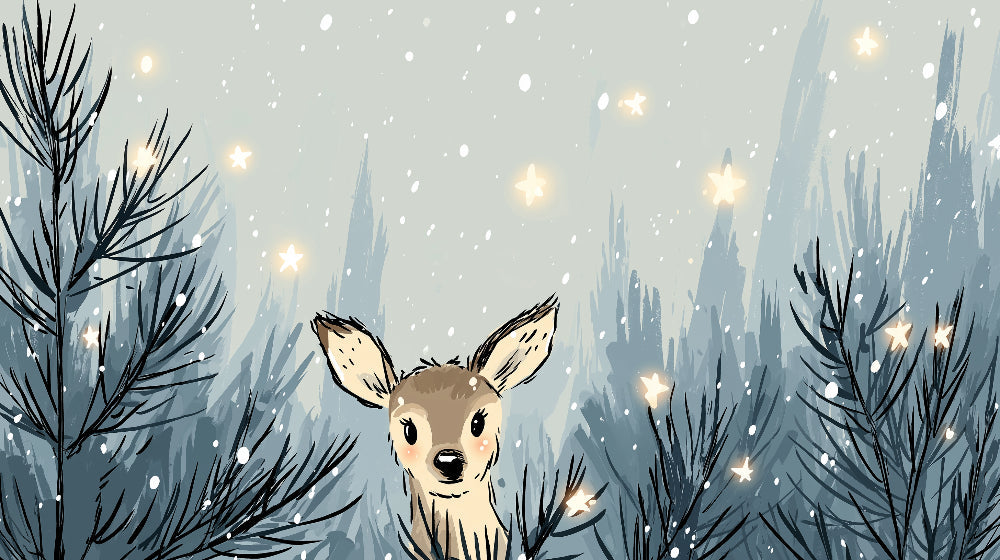 Detailed winter forest deer mural wallpaper design pattern with snowflakes and stars by Kids-Mundo