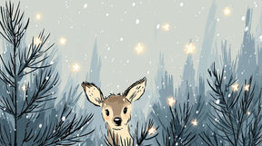 Detailed winter forest deer mural wallpaper design pattern with snowflakes and stars by Kids-Mundo