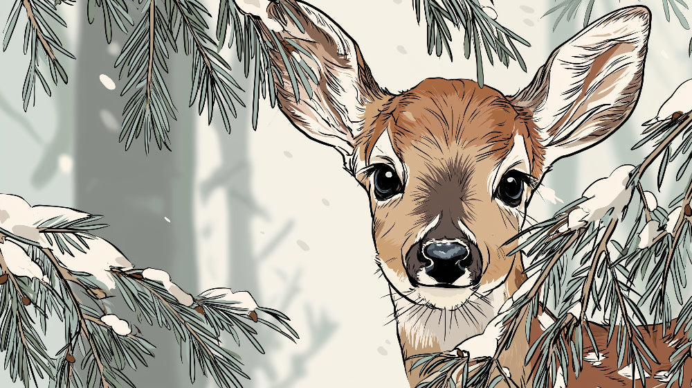 Detailed forest deer mural wallpaper design pattern featuring curious fawn in winter woodland by Kids-Mundo