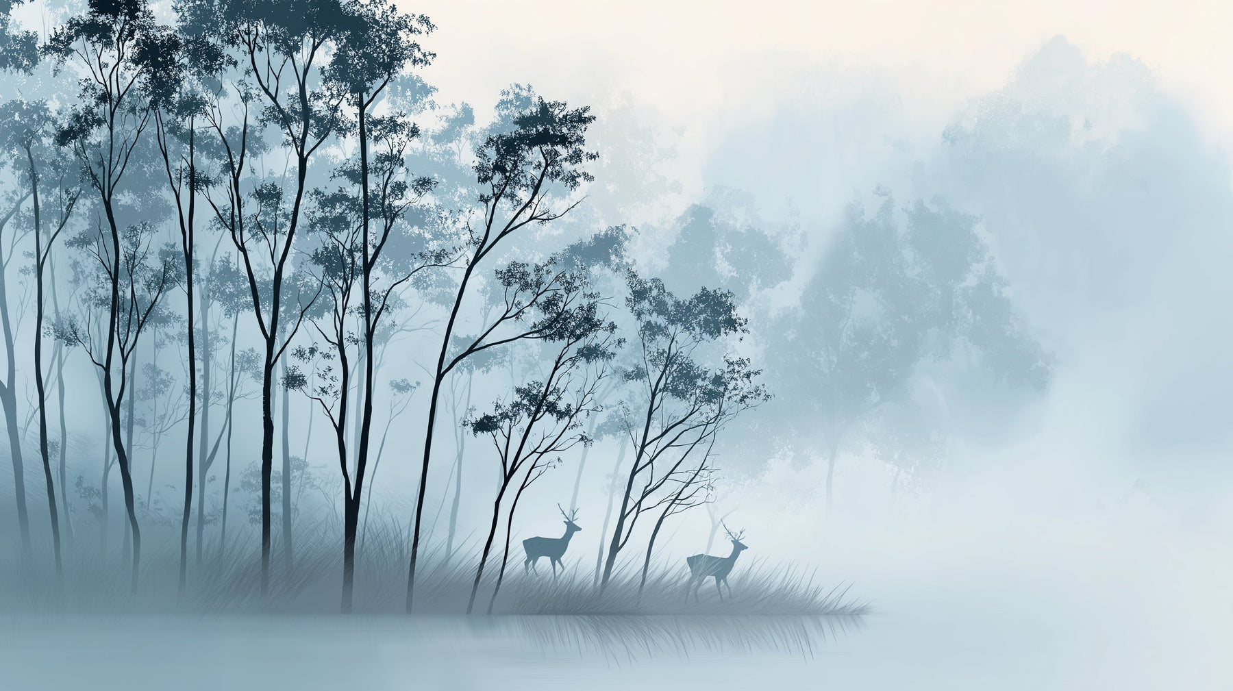 Detailed mystical forest deer mural wallpaper design pattern with blue mist by Kids-Mundo
