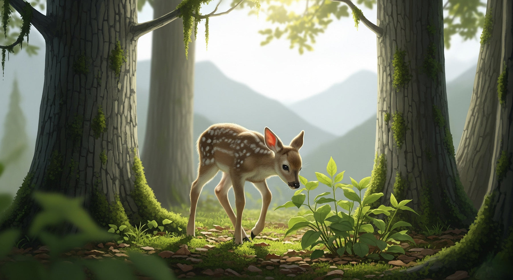 Detailed enchanted forest deer mural wallpaper design pattern with lush woodland scenery by Kids-Mundo