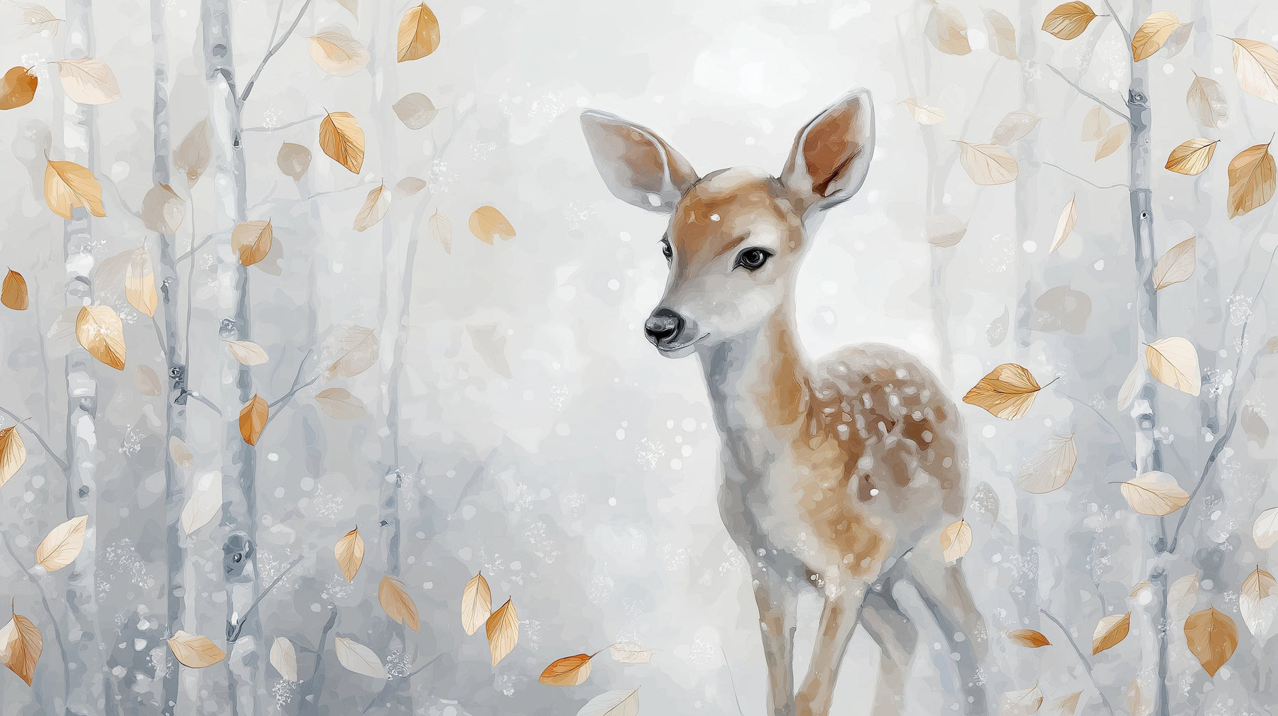 Detailed forest deer mural wallpaper design pattern with golden leaves and silver trees by Kids-Mundo