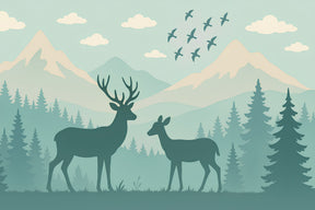 Detailed forest deer mural wallpaper design pattern showing mountain woodland scene by Kids-Mundo