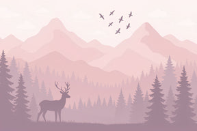 Detailed forest deer mural wallpaper design pattern with pink mountains by Kids-Mundo