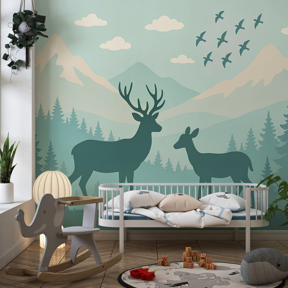 Woodland deer wallpaper transforming children's room into peaceful mountain forest retreat