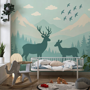 Woodland deer wallpaper transforming children's room into peaceful mountain forest retreat