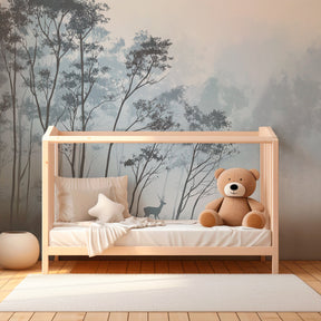 Misty woodland deer mural wallpaper creating magical forest scene in kids room by Kids-Mundo