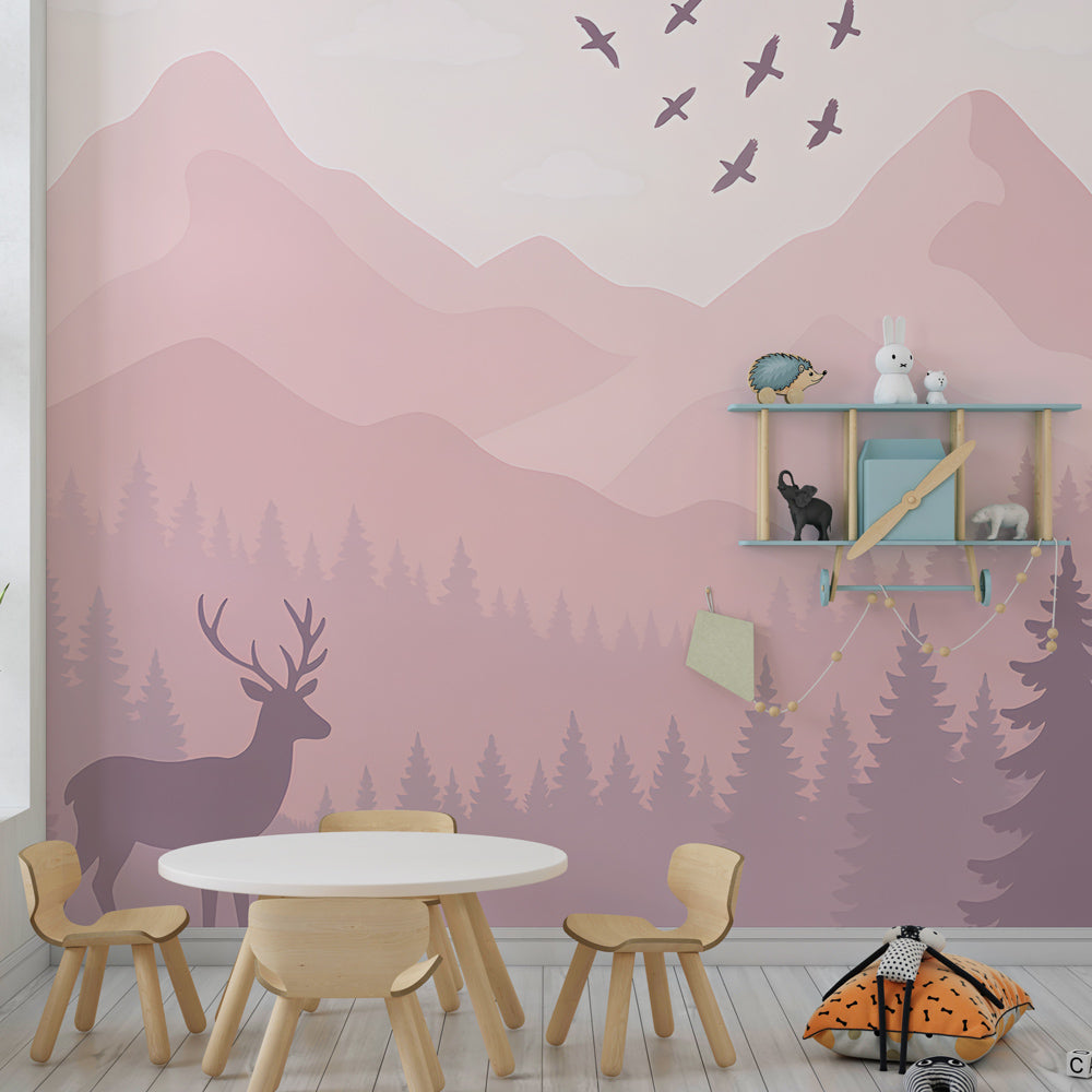 Enchanted forest deer wallpaper paired with natural wood furniture in kids room