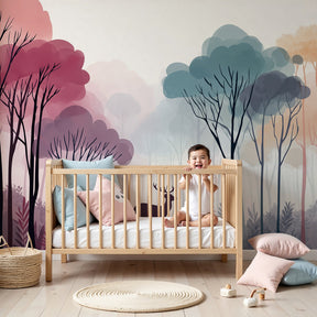 Forest deer mural wallpaper creating enchanted woodland nursery decor by Kids-Mundo