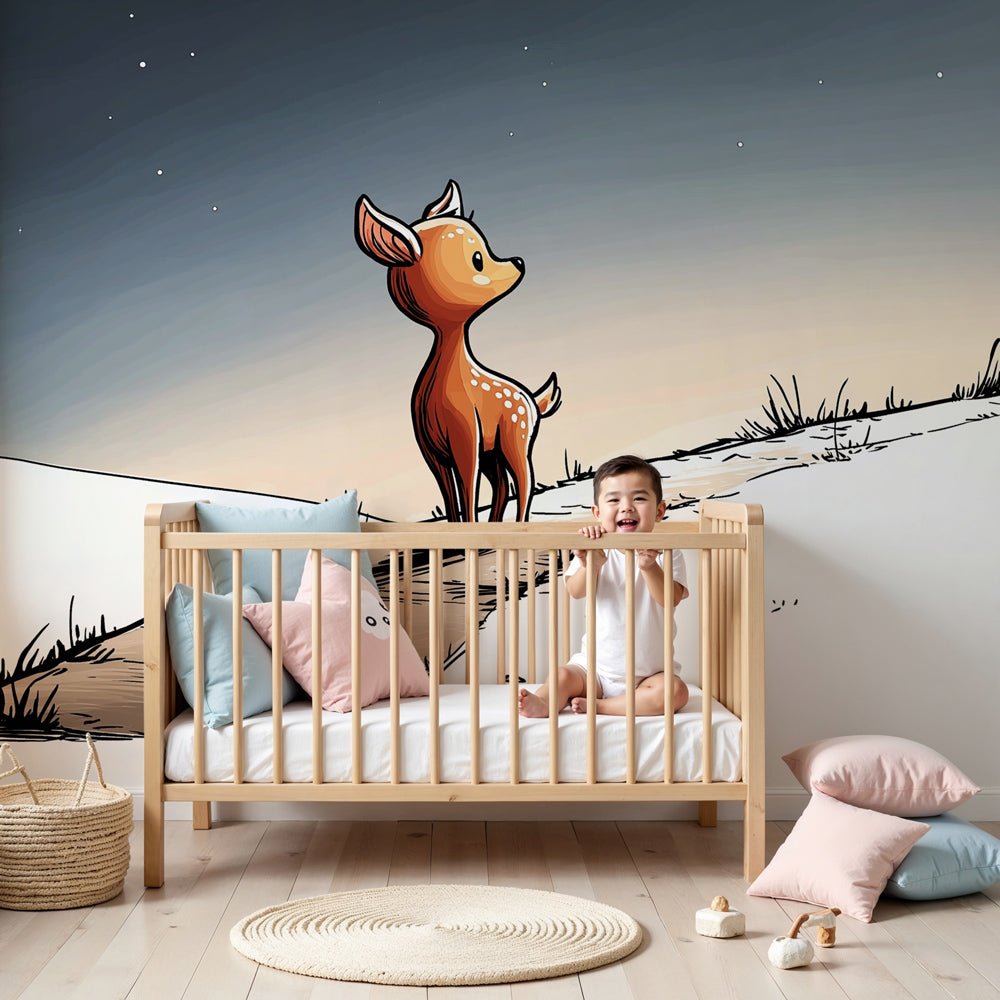 Forest deer starry night mural wallpaper in cozy children's nursery by Kids-Mundo