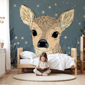 Forest deer mural wallpaper with elegant fawn in starry woodland nursery by Kids-Mundo