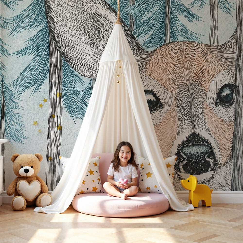 Forest deer mural wallpaper in modern nursery with natural wood crib by Kids-Mundo