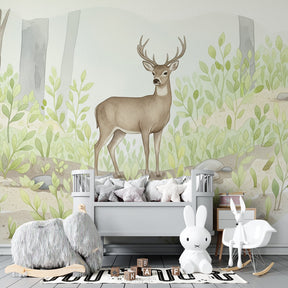 Woodland deer mural wallpaper for kids playroom with natural forest theme