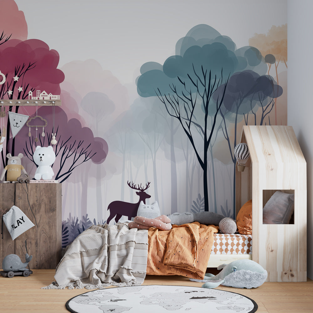 Magical forest themed mural wallpaper transforming children's playroom space