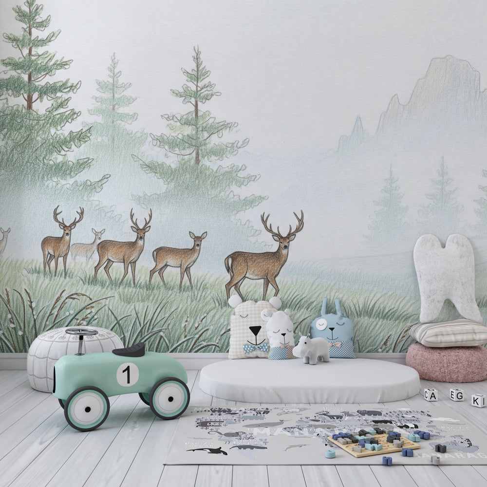 Enchanting deer forest mural wallpaper for children's playroom by Kids-Mundo