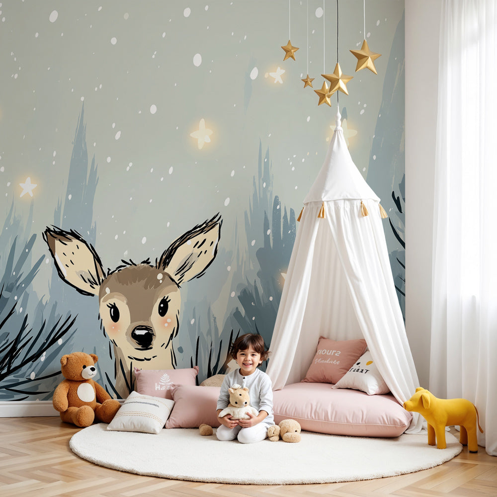 Winter forest deer mural wallpaper in modern baby nursery with natural wood crib by Kids-Mundo