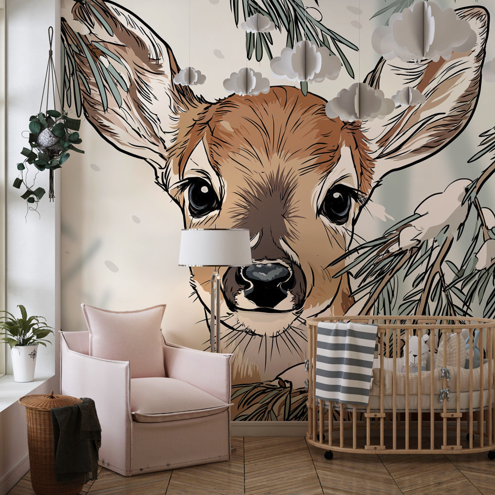 Woodland fawn wallpaper in cozy baby room with natural wood furniture and soft lighting