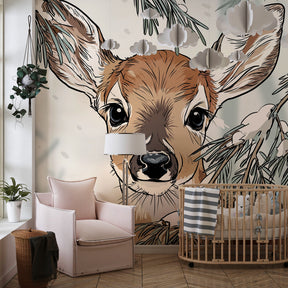 Woodland fawn wallpaper in cozy baby room with natural wood furniture and soft lighting