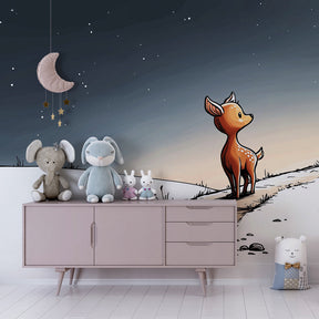 Starry night deer wallpaper with twinkling stars for children's room decor