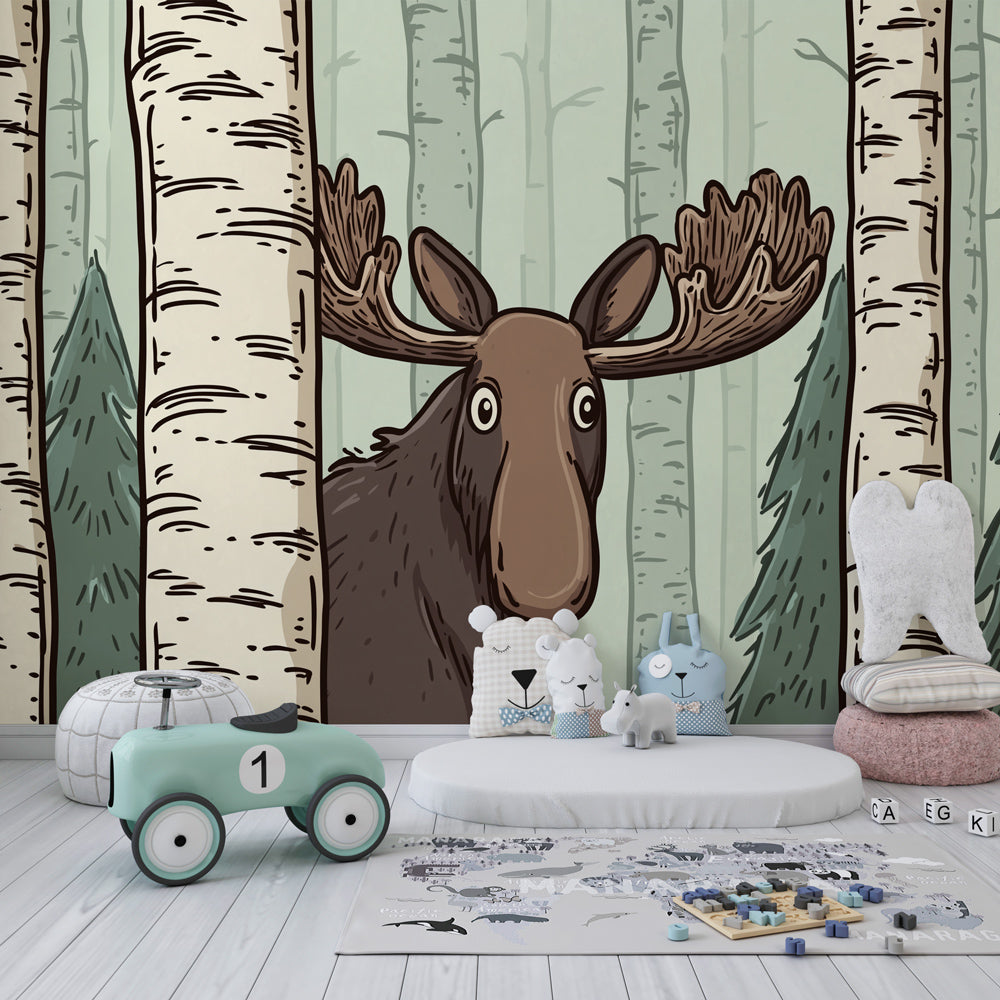 Woodland elk wallpaper creating peaceful atmosphere in children's bedroom with cozy furnishings