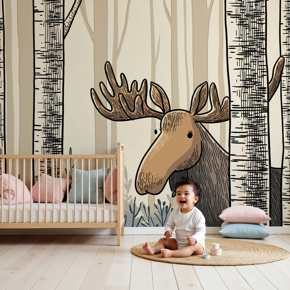 Forest elk mural wallpaper creating peaceful woodland nursery decor by Kids-Mundo