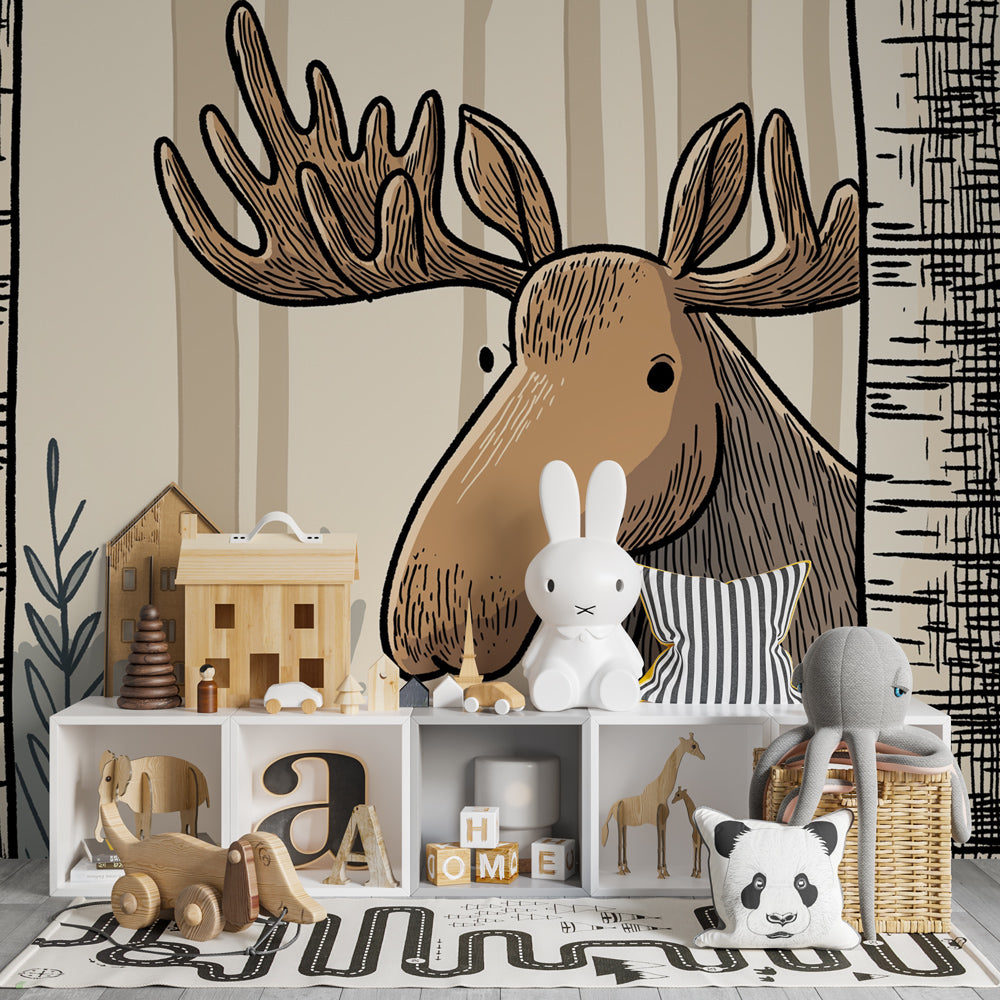 Nature-themed elk mural wallpaper transforming children's playroom into forest sanctuary