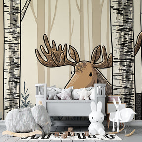 Woodland elk wallpaper in modern toddler bedroom with natural wood furniture by Kids-Mundo