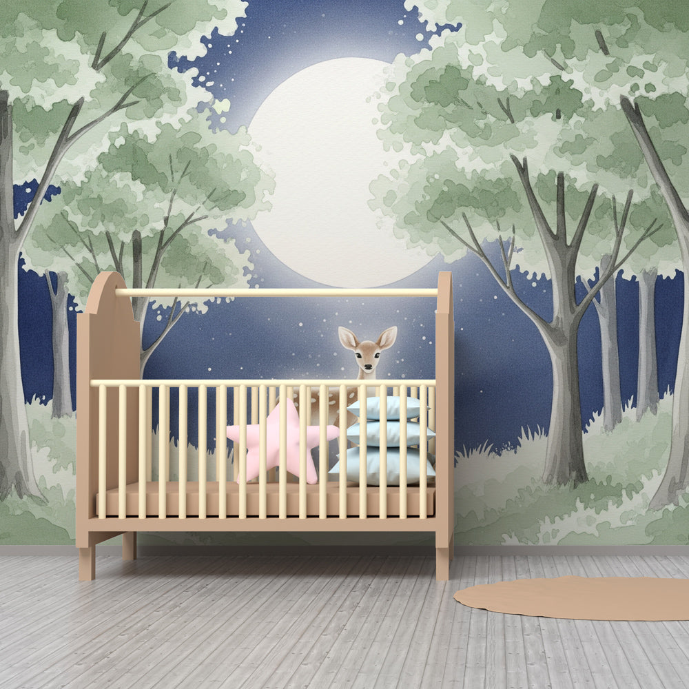 Moonlit fawn wallpaper in cozy baby bedroom with natural wood furniture and soft lighting