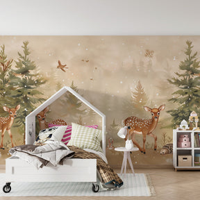 Winter forest wallpaper creating magical children's bedroom decor with playing fawns