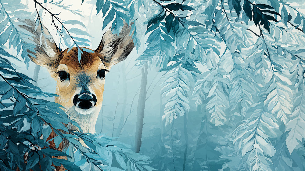 Detailed forest fawn mural wallpaper design pattern with blue-green foliage by Kids-Mundo