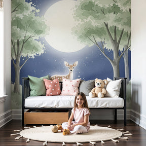 Forest fawn mural wallpaper creating magical woodland nursery with moonlit scene by Kids-Mundo