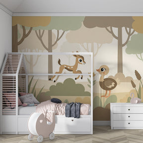 Forest fawn and fox mural wallpaper transforming kids playroom into woodland sanctuary