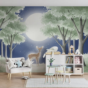 Peaceful forest fawn wallpaper complementing organic nursery decor and natural materials