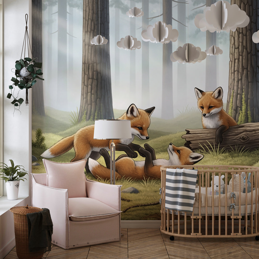 Playful fox woodland mural wallpaper in children's bedroom setting with natural decor