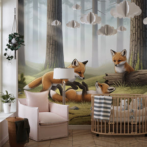 Playful fox woodland mural wallpaper in children's bedroom setting with natural decor