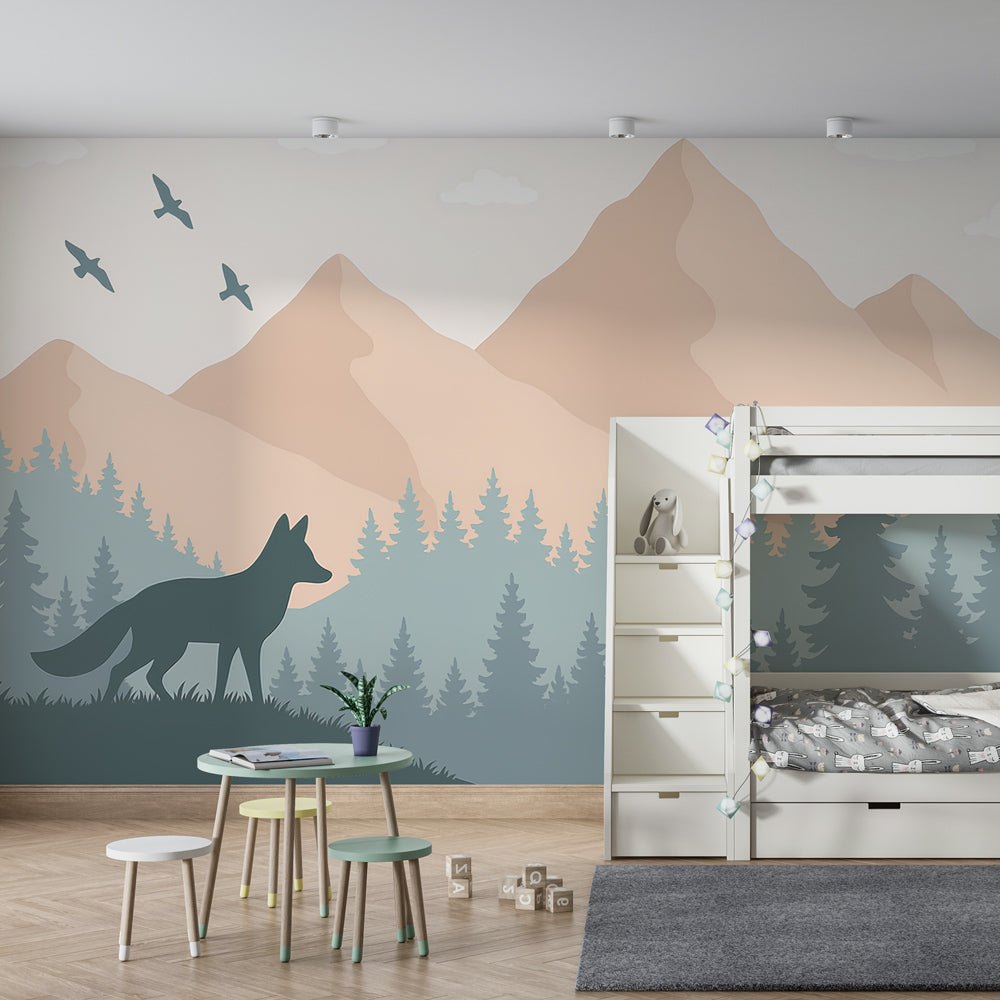 Peaceful forest mural wallpaper with fox silhouette in modern kids bedroom