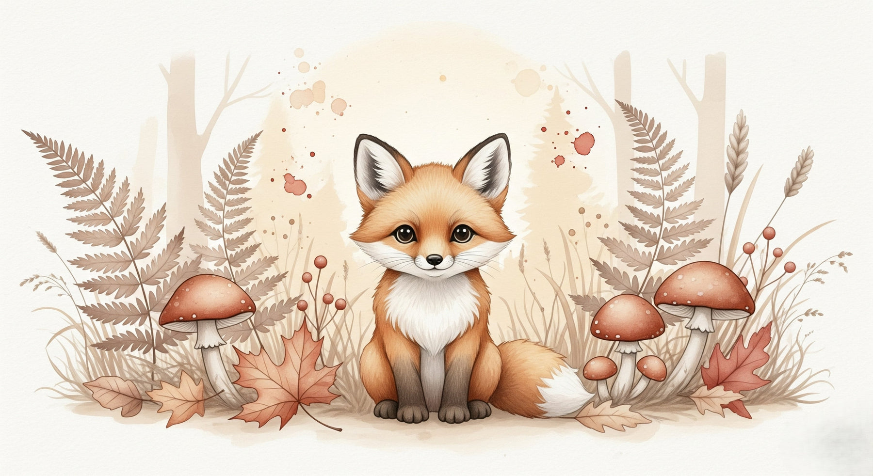Detailed forest fox mural wallpaper design pattern with autumn leaves and mushrooms by Kids-Mundo