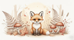 Detailed forest fox mural wallpaper design pattern with autumn leaves and mushrooms by Kids-Mundo