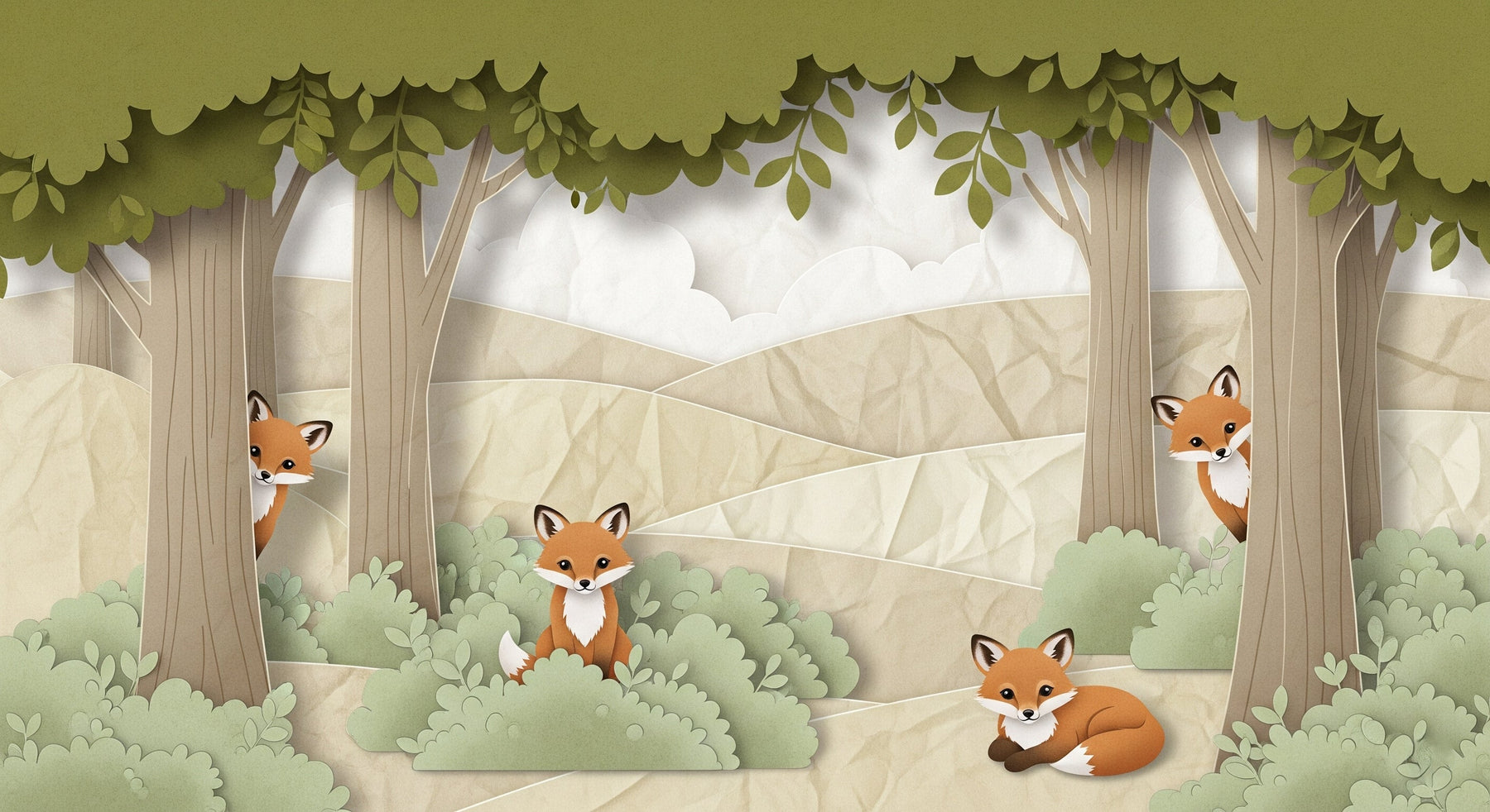 Detailed forest fox mural wallpaper design pattern showing woodland animals by Kids-Mundo