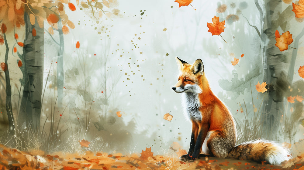 Detailed forest fox autumn leaves mural wallpaper design pattern with golden orange tones by Kids-Mundo