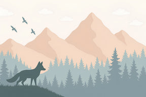 Detailed forest fox mural wallpaper design pattern with mountains and trees by Kids-Mundo
