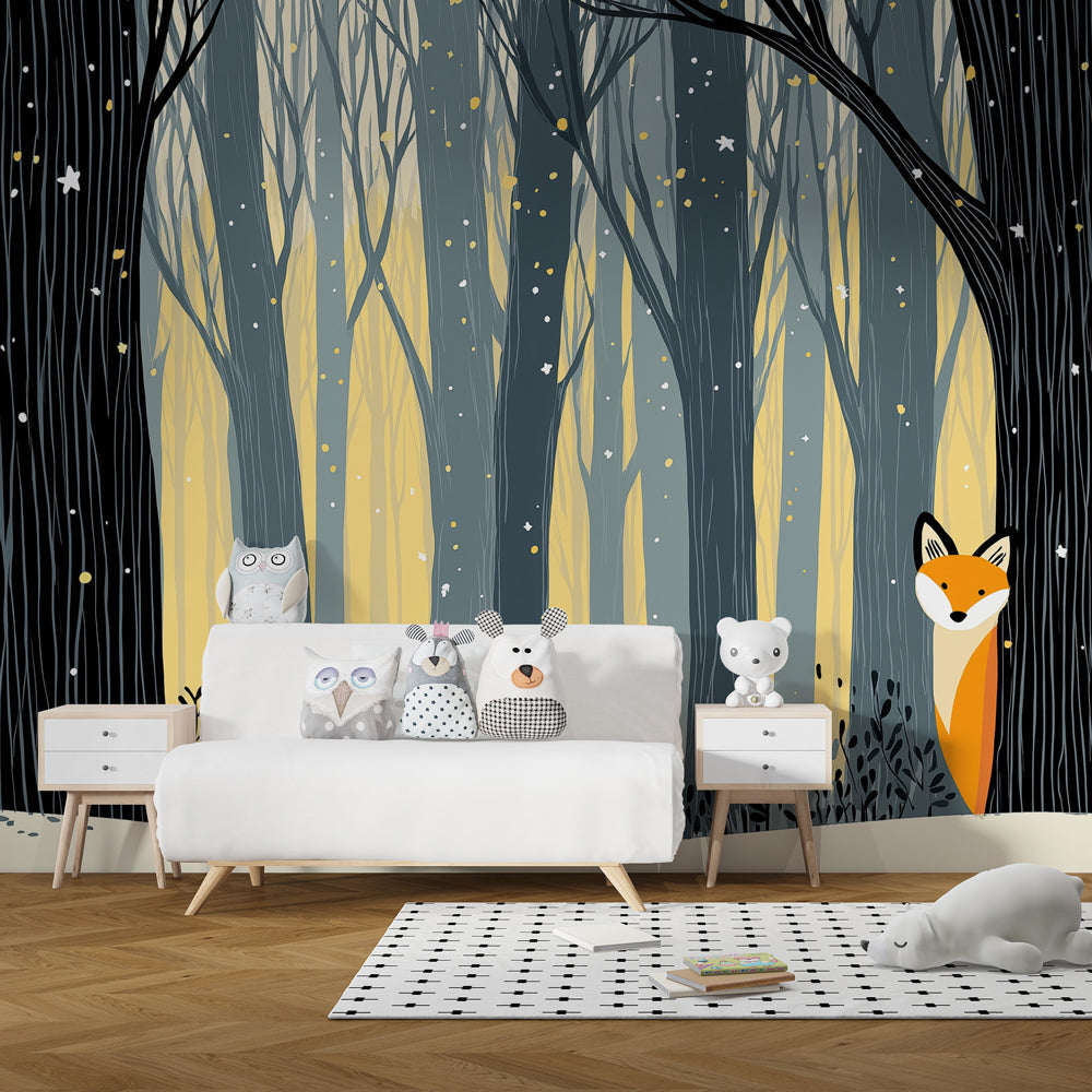 Woodland fox mural wallpaper with snowflakes and stars for cozy children's room decor