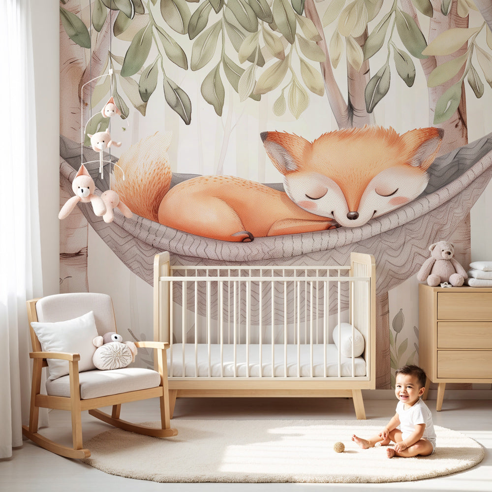 Forest fox mural wallpaper in modern baby nursery with sleeping fox in hammock by Kids-Mundo