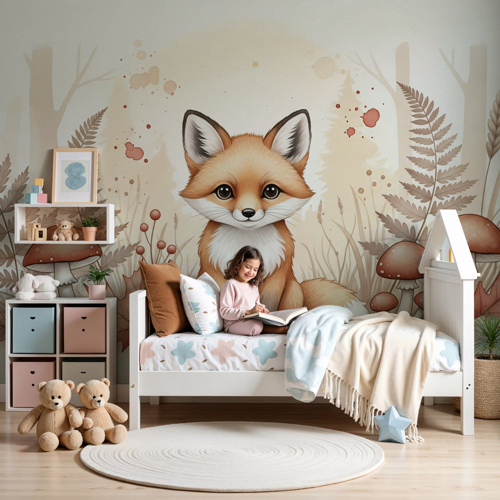 Forest fox mural wallpaper in cozy nursery with natural wood crib by Kids-Mundo