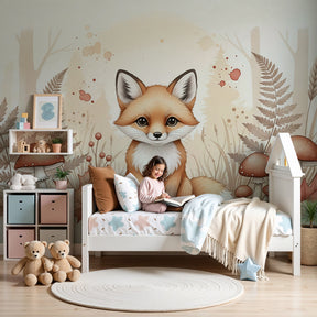 Forest fox mural wallpaper in cozy nursery with natural wood crib by Kids-Mundo