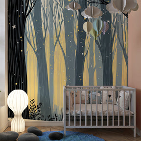 Enchanted fox wallpaper transforming nursery with mystical forest trees and golden winter elements