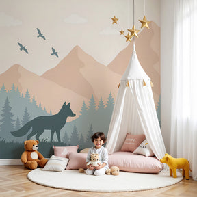 Forest fox mural wallpaper creating tranquil woodland nursery decor by Kids-Mundo