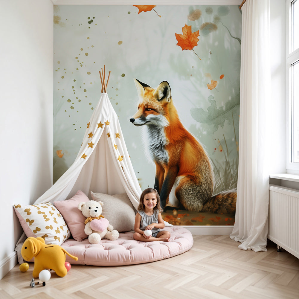 Forest fox mural wallpaper creating magical autumn woodland atmosphere in modern nursery by Kids-Mundo
